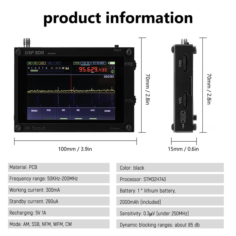 Ultra-thin 50KHz-200MHz Malahit SDR Receiver Malachite DSP Software Defined Radio 3.5" Display Battery Inside Nice Sound - Black 400MHz~2GHz