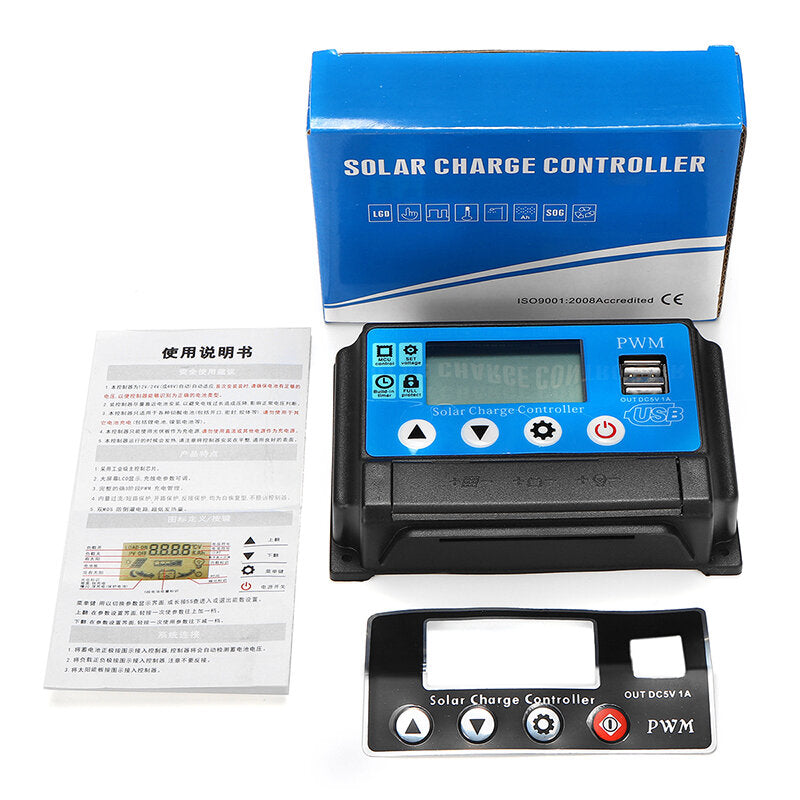 PWM 60A 12/24V Auto Adapt LCD Solar Charge Controller Battery Regulator Adjustable Parameter Dual USB Output