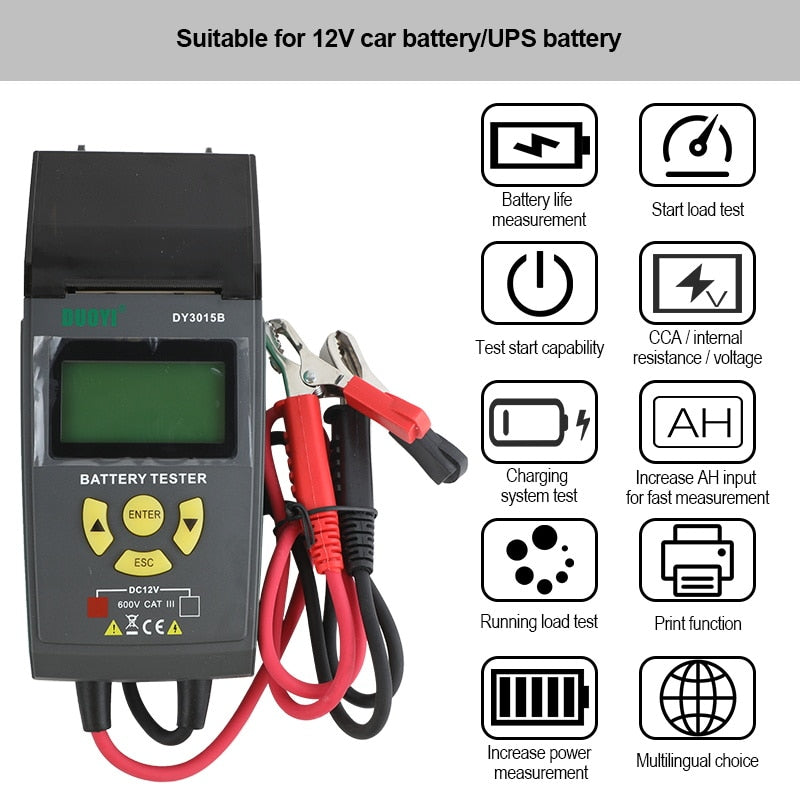 DUOYI DY3015B Car Battery Tester Lead-acid Digital Analyzer Diagnostic With Print Multi-Language