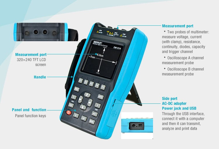 All-Sun EM1230 2in1 Handheld Oscilloscope 2 Channels with Screen Scope Digital Multimeter DMM Meter