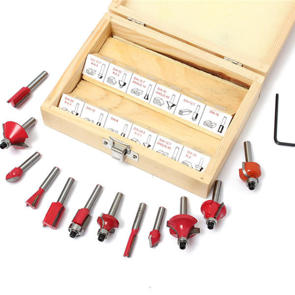 12pcs 1/4 Inch Shank Tungsten Carbide Router Bit Set Woodworking Cutter with Wood Case