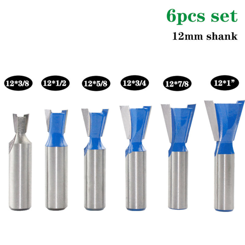 6Pcs 1/2 Inch 12mm Shank Dovetail Joint Router Bits Set 2 Flute 14 Degree Woodworking Tungsten Carbide Engraving Tools