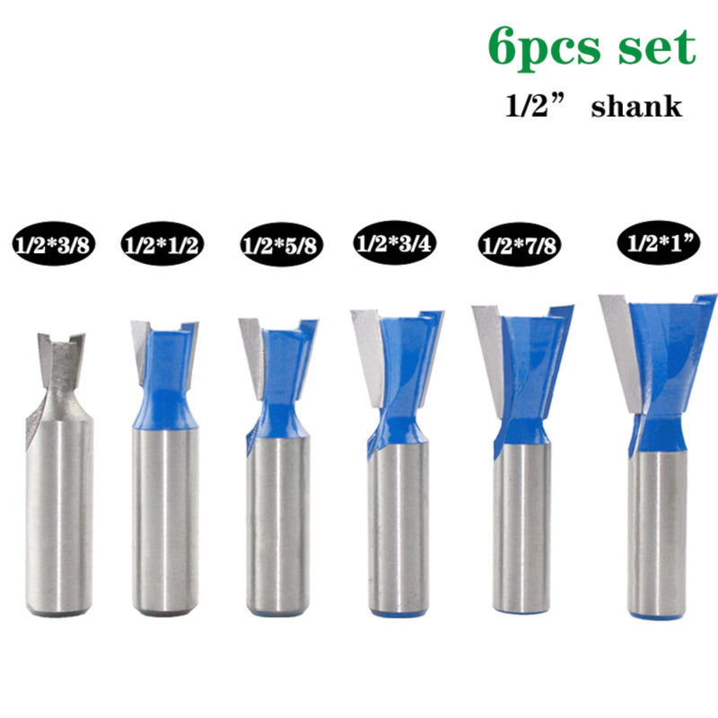 6Pcs 1/2 Inch 12mm Shank Dovetail Joint Router Bits Set 2 Flute 14 Degree Woodworking Tungsten Carbide Engraving Tools