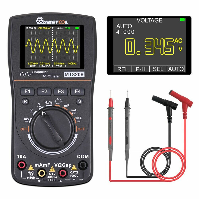 MUSTOOL MT8208 Intelligent Graphical Digital Oscilloscope Multimeter 2 In 1 with 2.4 Inches Color Screen 1MHz Bandwidth 2.5Msps Sampling Rate for DIY and Electronic Test Upgraded From MT8206