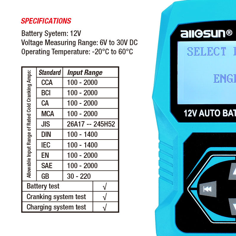 All-Sun EM571 12V Automotive Digital Car Battery Tester 100-2000 CCA LCD Cranking Charging Tester