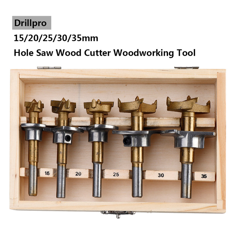 Drillpro Adjustable 5PCS 15/20/25/30/35mm Drill Bit Set Titanium Coating Wood Auger Cutter Woodworking Positioning Hole Saw Cutter Hinge Hole Opener