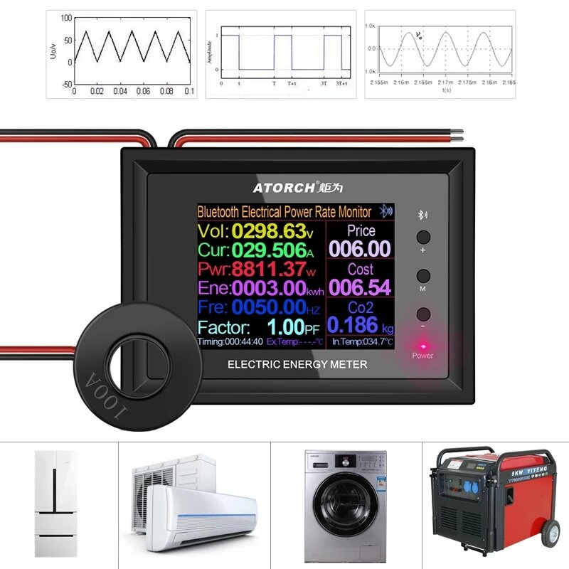 AC50-300V 100A 2.4" LCD Bluethooth Digital Power Wattmeter Indicator Energy Ammeter Current Voltage Tester Detector