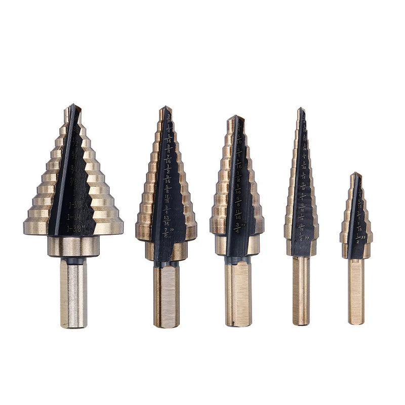 Drillpro 5pcs HSS Step Drill Bit Set Hole Cutter Drilling Tool Multiple Hole 50 Sizes with Aluminum Case
