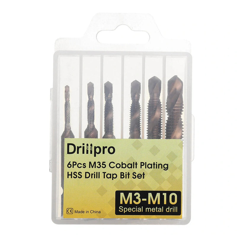 Drillpro 6Pcs M3-M10 M35 Cobalt Plating HSS Hex Shank Spiral Groove Drill Tap Bit Set Co-HSS Metal Threaded Hole Opener