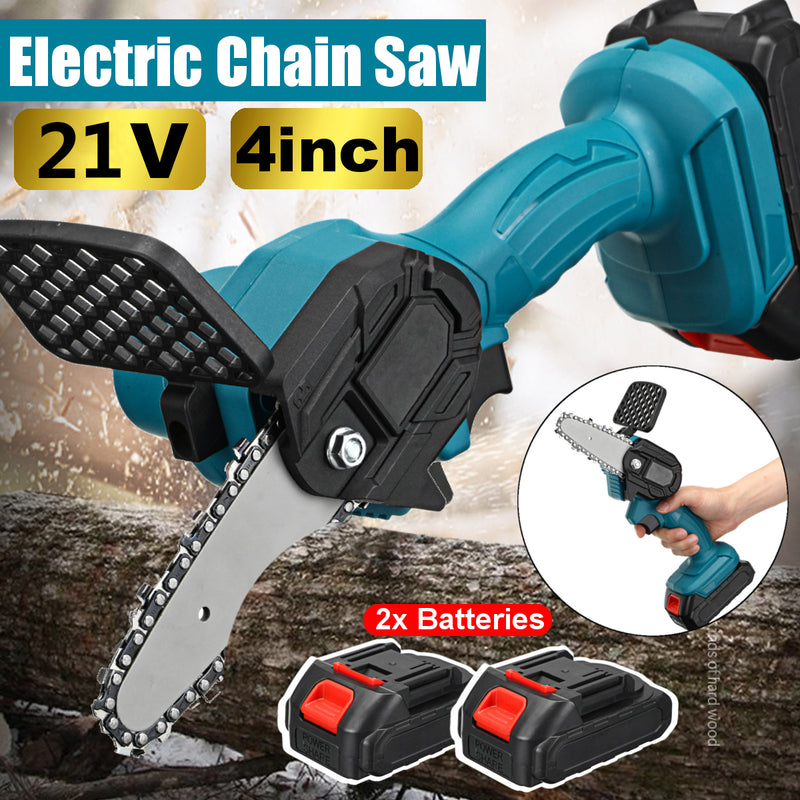 550W 21V 4'' Mini Cordless One-Hand Electric Chain Saw Woodworking Wood Cutter W/ 2pcs Battery