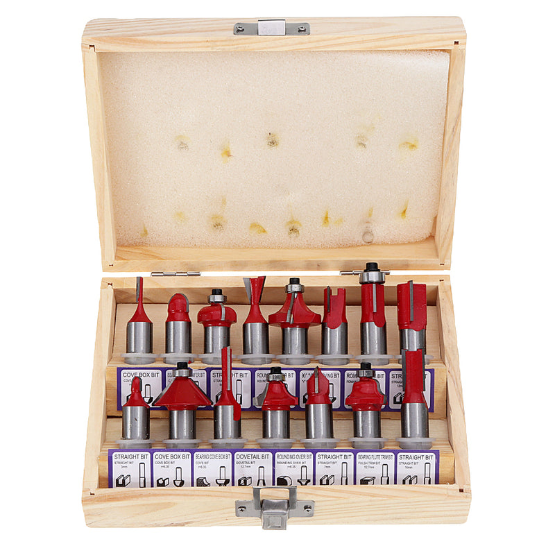 Drillpro 15pcs 1/2 Inch Shank Tungsten Carbide Router Bit Set with Wooden Case Woodworking Cutter