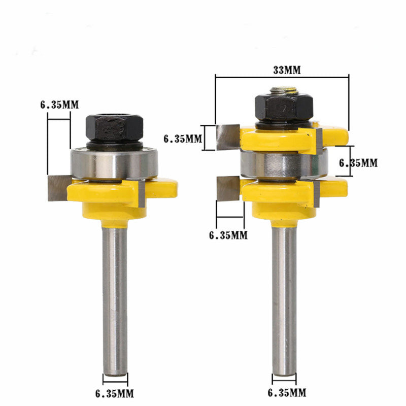 2Pcs 1/4" Shank Tongue & Grooving Router Bits 3/4" Stock 3 Teeth T-shape Tenon Milling Cutter for Wood Woodworking Tools