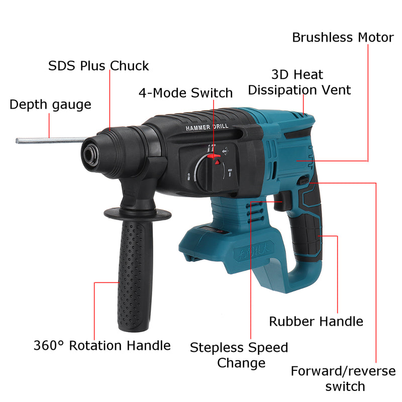 Electric Cordless Demolition Jack Hammer Impact Drill Concrete Breakers Punch Kit for 18V Makita Battery
