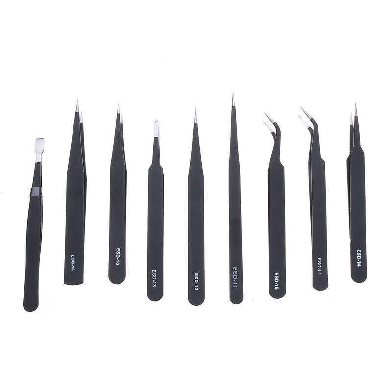 9 Pcs ESD Tweezer Anti-static Stainless Steel Precision Tweezers for Electronics Nail Beauty