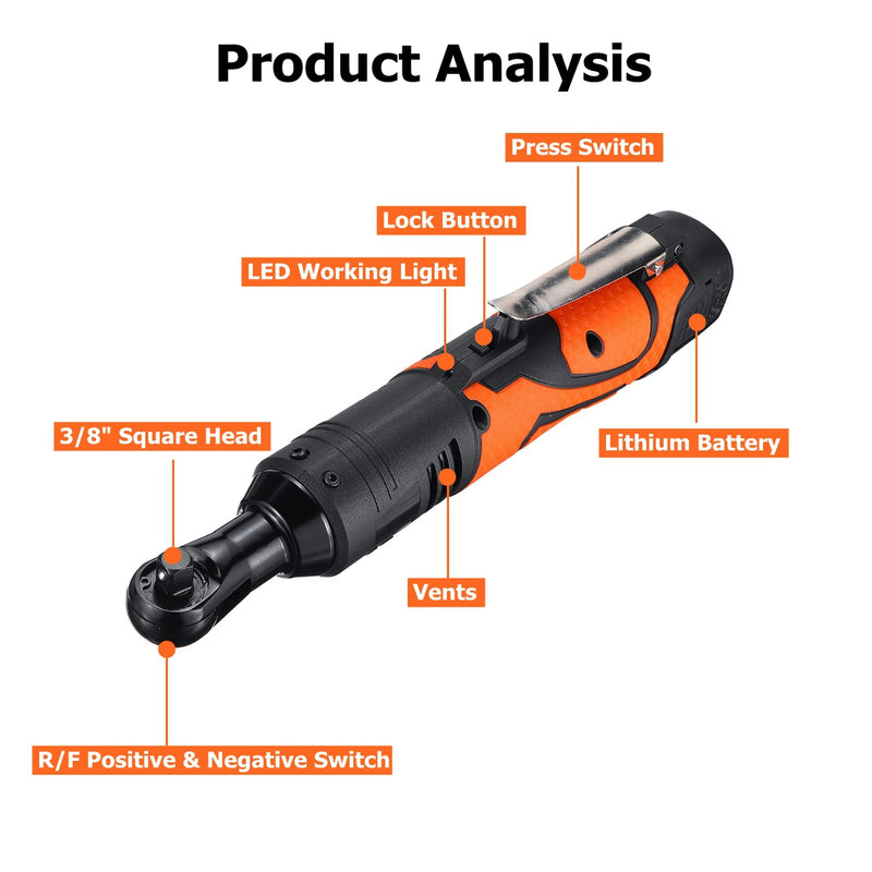 18V 3/8 Inch 60Nm Electric Cordless Right Ratchet Angle Wrench Tool with Battery & Charger