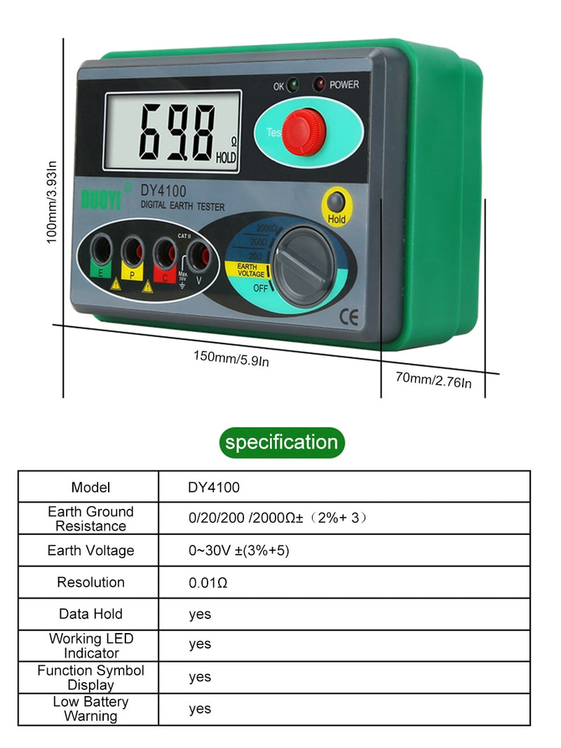 DUOYI DY4100 Megger Meter Resistance Tester Digital Megohmmeter  Earth Resistance Tester Ground 0-2000 Ohm Insulation Tester