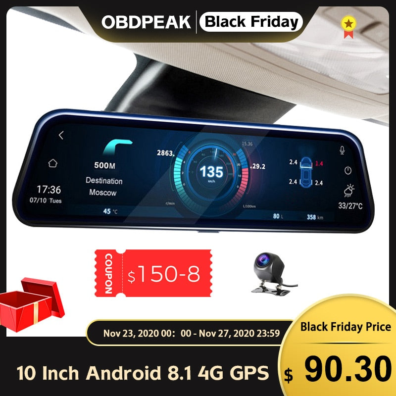 4G Car DVR 10" Android 8.1 Stream RearView Mirror FHD 1080P ADAS Dash Cam Camera Video Recorder Auto Registrar Dashcam GPS DVRS