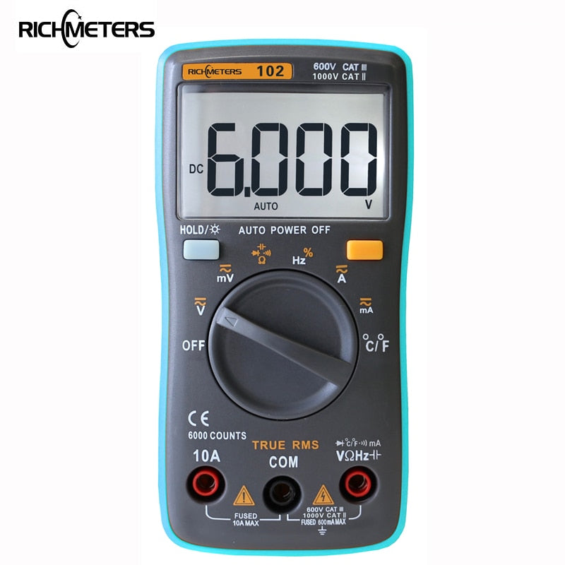 RICHMETERS 102 Multimeter 6000 counts Back light AC/DC Ammeter Voltmeter Ohm Frequency Diode Temperature RM101