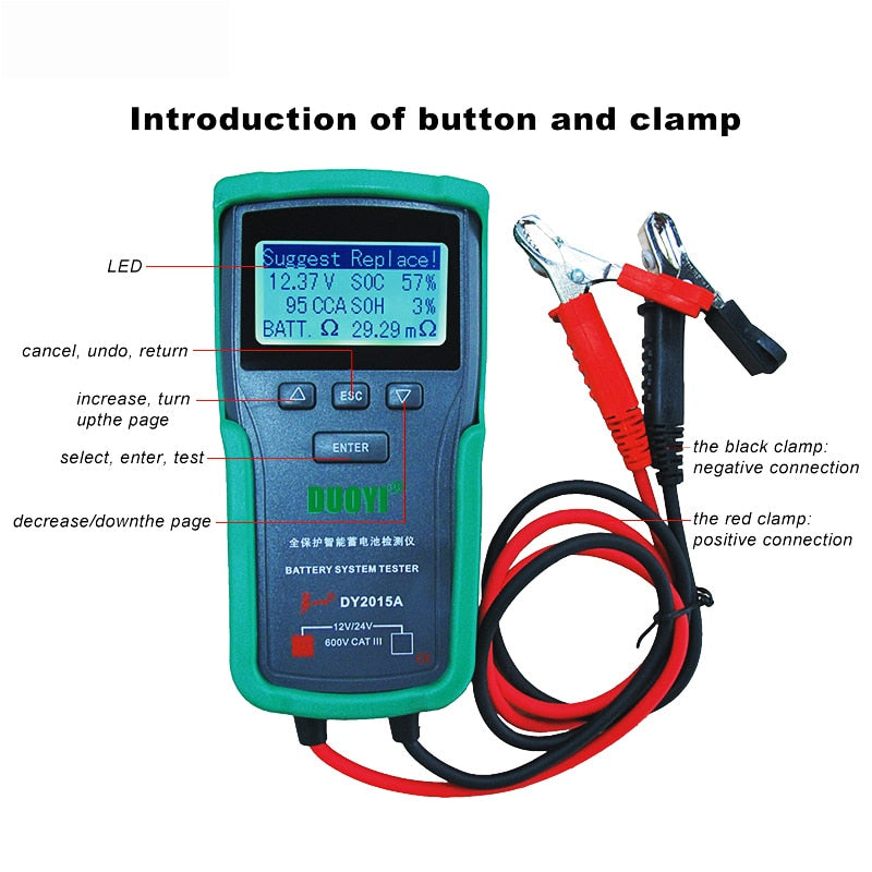DUOYI DY2015A 12V 24V Car Battery Tester Tool Lead Acid 2000CCA Voltage Load Battery Charge Test Digital Battery Capacity Tester