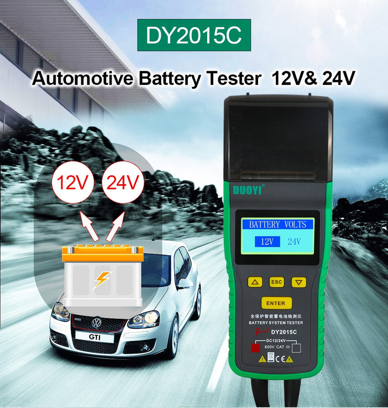 DUOYI DY2015C Car Battery Tester 12V 24V Lead-acid Analyzer Auto CCA 100-1700 SOH Integrated Printer Portable Measurement Unit