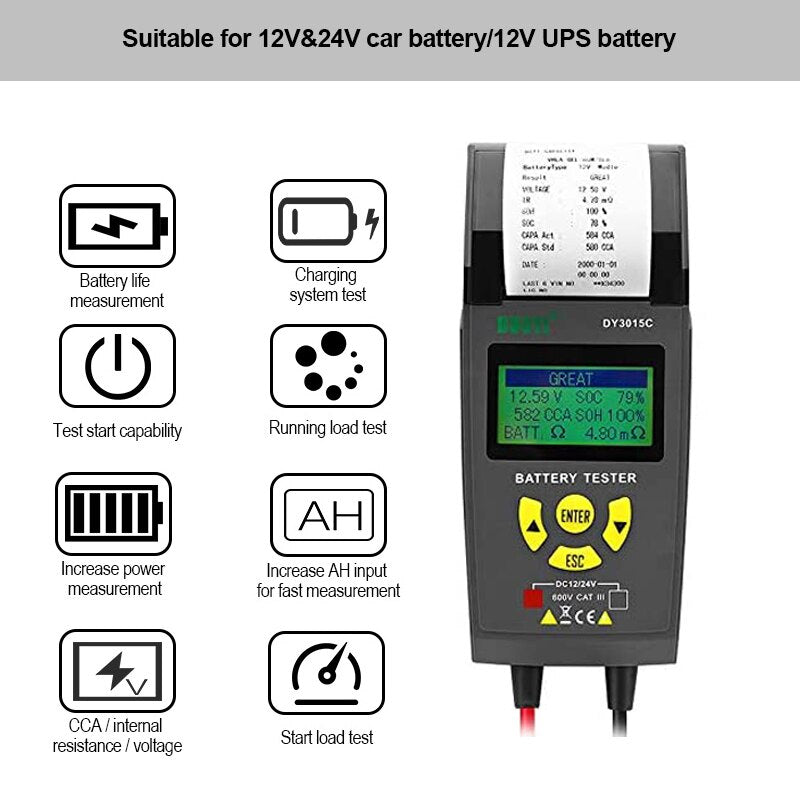 DUOYI 12V/24V Car Battery Tester Automotive Battery Analyzer Auto Vehicle Repair Test Detect Diag Tool with Thermal Printer