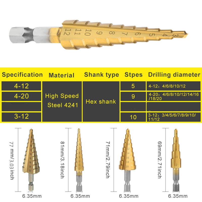 3P/set 3-12mm 4-12mm 4-20mm HSS Straight Groove Step Drill Bit Titanium Coated Wood Metal Hole Cutter Core Drilling Tools Set