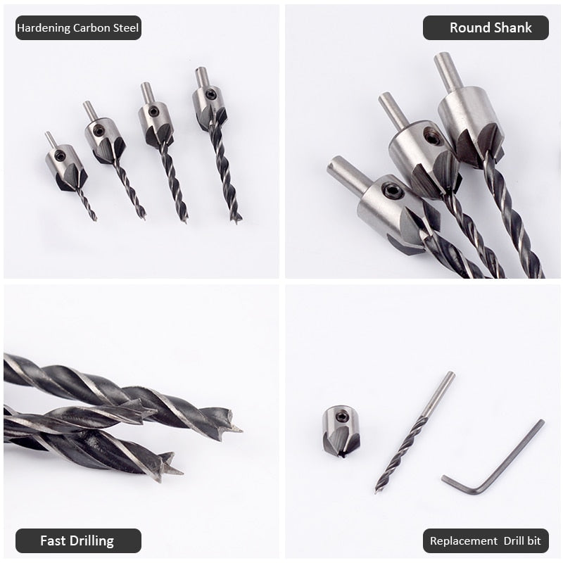 3-10mm Countersink Drill Bit Flute Round Shank Adjustable Tapered Bits for Wood with Allen Wrench Woodworking Drilling Tool
