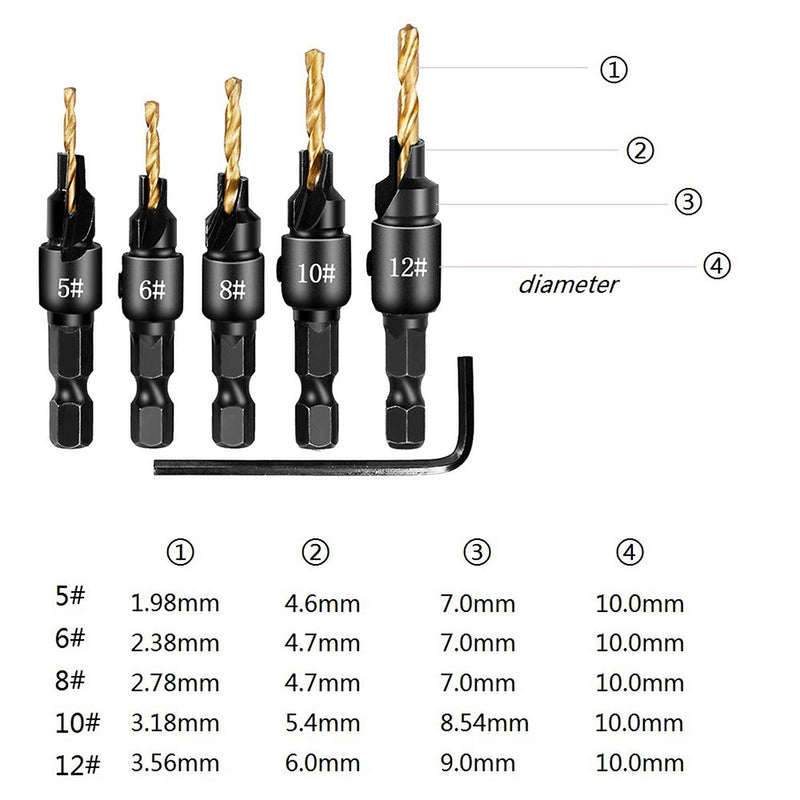 5pcs Countersink Drill Woodworking Drill Bit Set Drilling Pilot Holes For Screw Sizes #5 #6 #8 #10 #12 Drill Woodworking Tools