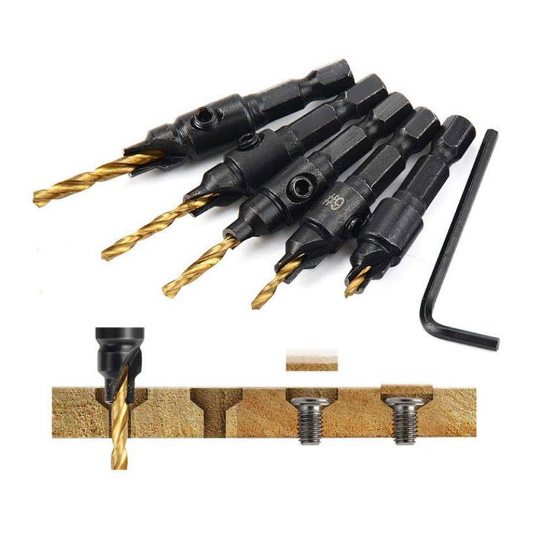 4/5pcs Countersink Drill Bit Set Wood Tools Woodworking Drill Bit Pilot Holes Hex Shank Screw Size #5 #6 #8 #10 #12 With wrench