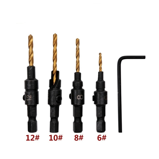 4/5pcs Countersink Drill Bit Set Wood Tools Woodworking Drill Bit Pilot Holes Hex Shank Screw Size #5 #6 #8 #10 #12 With wrench