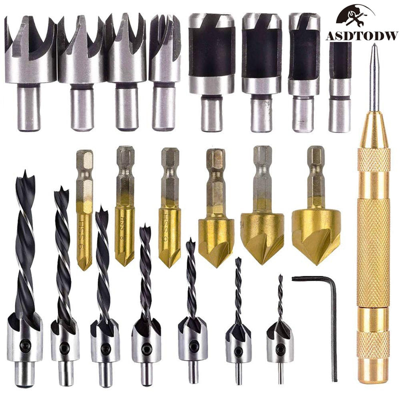 23-Pack Woodworking Chamfer Drilling Tool Countersink Drill Bits Wood Plug Cutter and Automatic